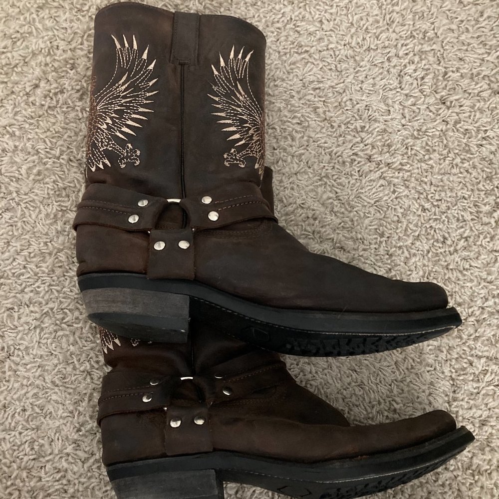 Grinders Dark Brown Leather Bald Eagle Cowboy Boot Gem